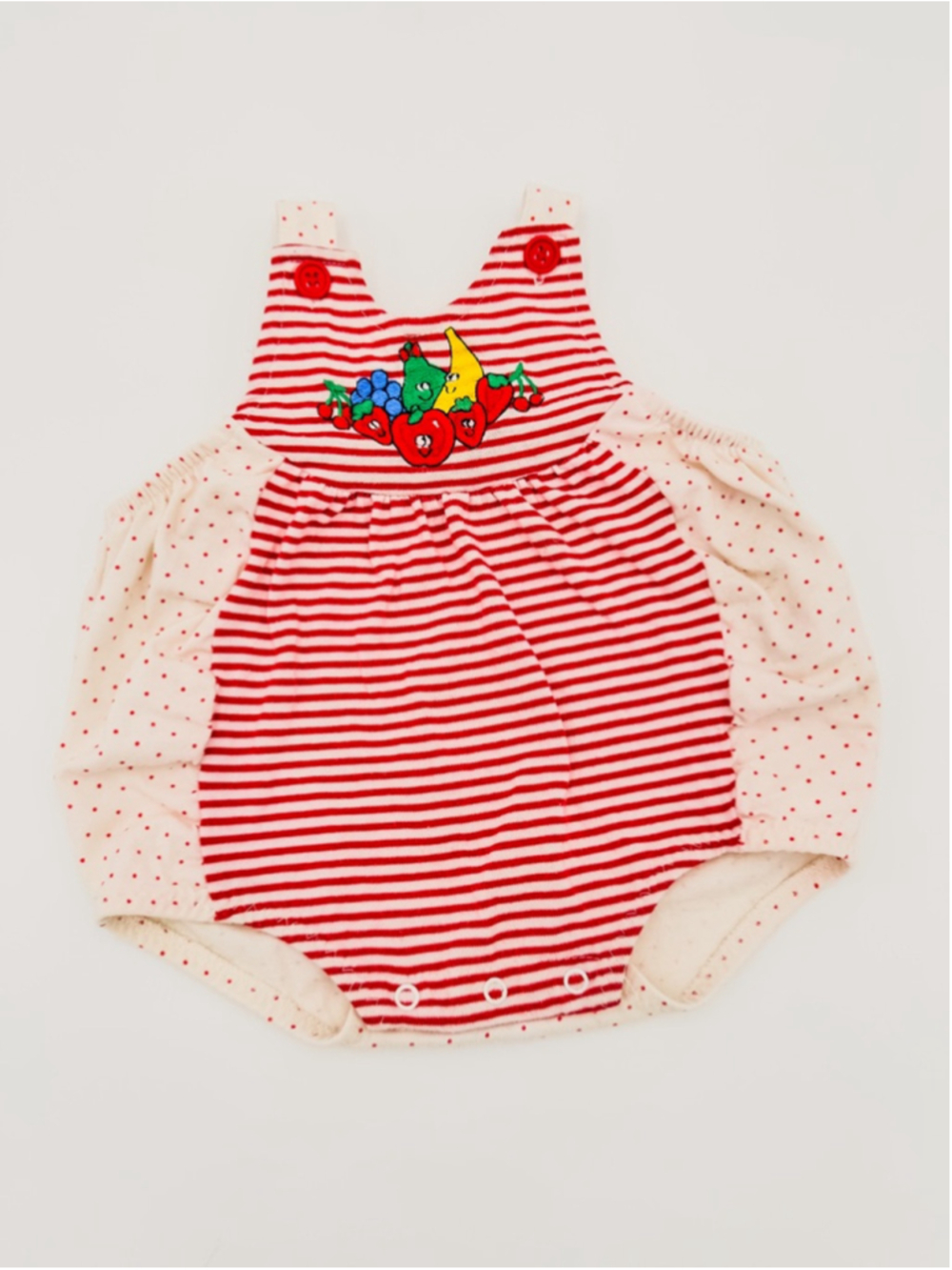 Vintage Buster Brown Baby Girl Bodysuit 3-6 Bubble Romper Red Striped Fruit USA